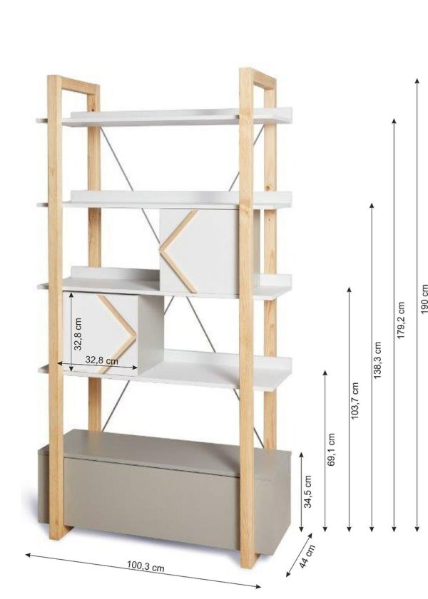 Raft biblioteca Pinette - H 190 x L 100 x l 44 cm dimensiuni